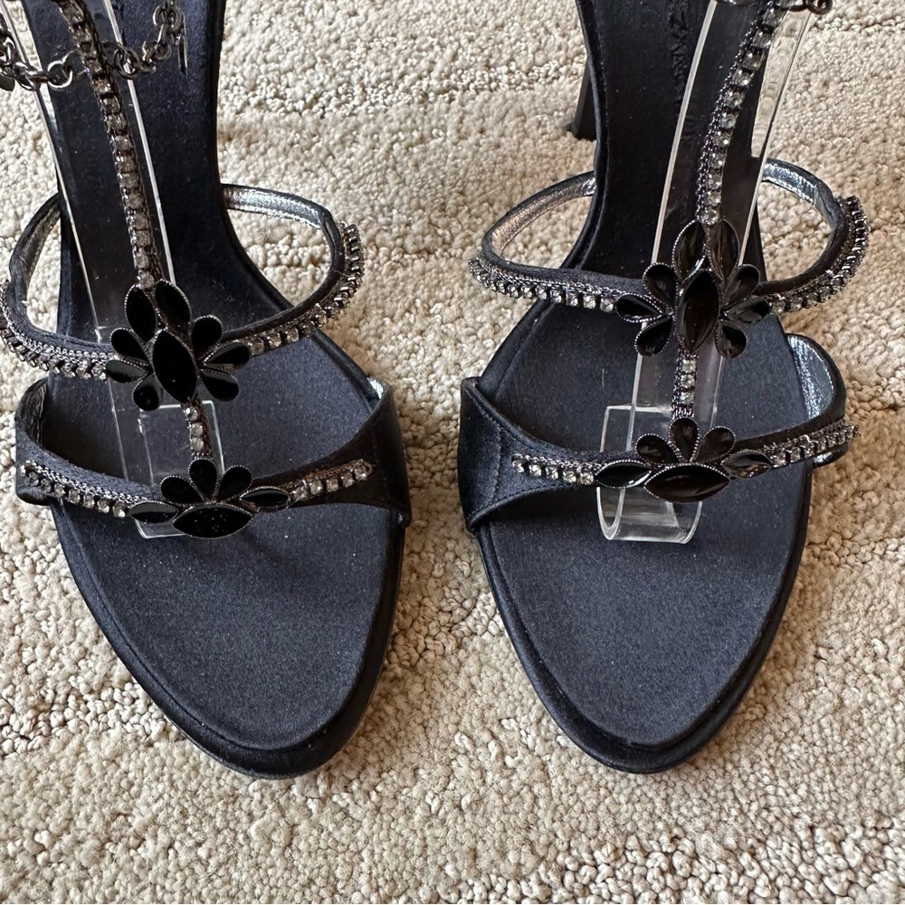 Giuseppe Zanotti Black Satin Rhinestone Enamel Anklet Heel Sandals IT 38.5 NIB - Picture 8 of 17